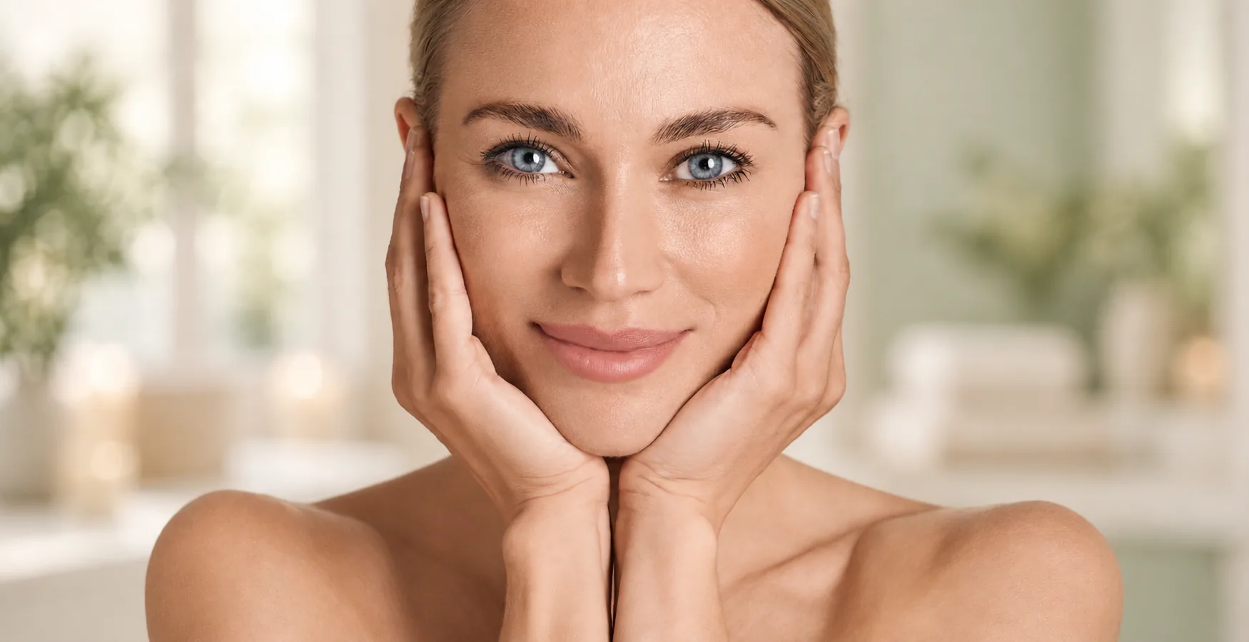 Smiling woman with natural, glowing skin resting her face in her hands in a softly lit spa setting