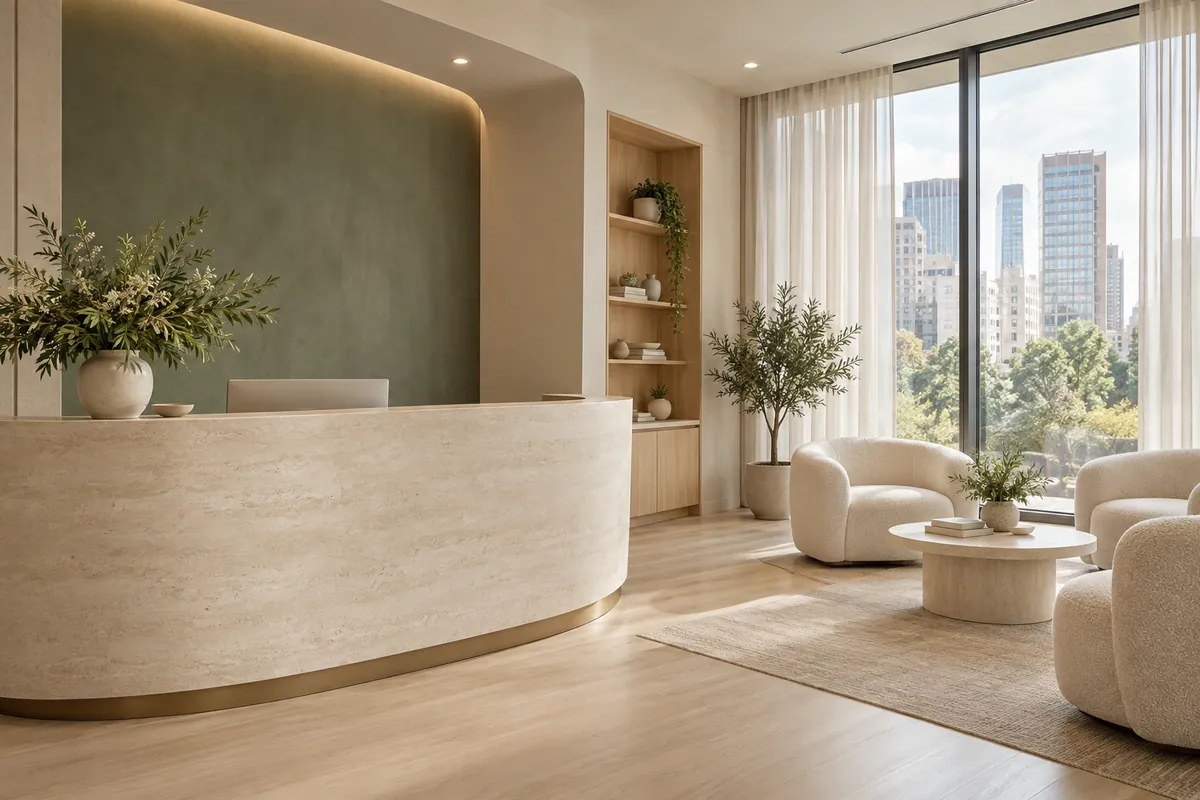 A sunlit reception with a curved stone desk, sage feature wall and soft lounge chairs beside city-view windows