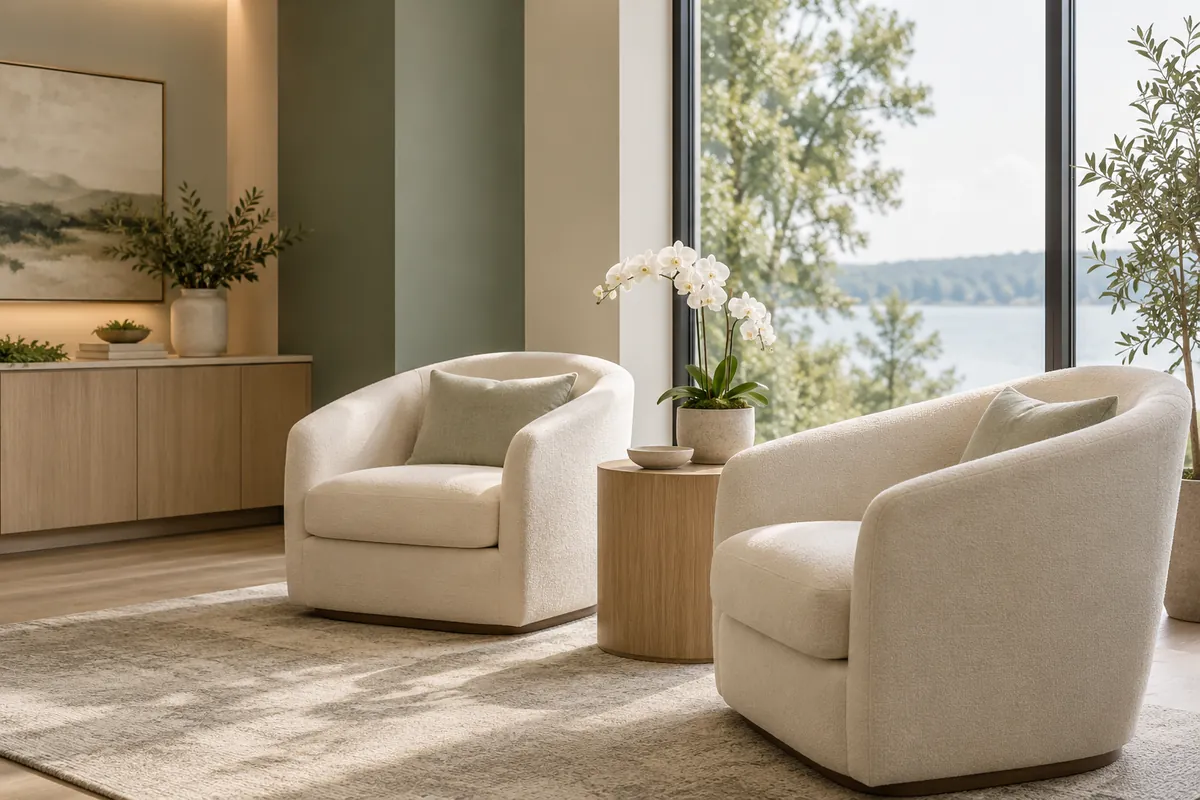 A bright lounge with cream armchairs, white orchids and a sage wall overlooking a lake