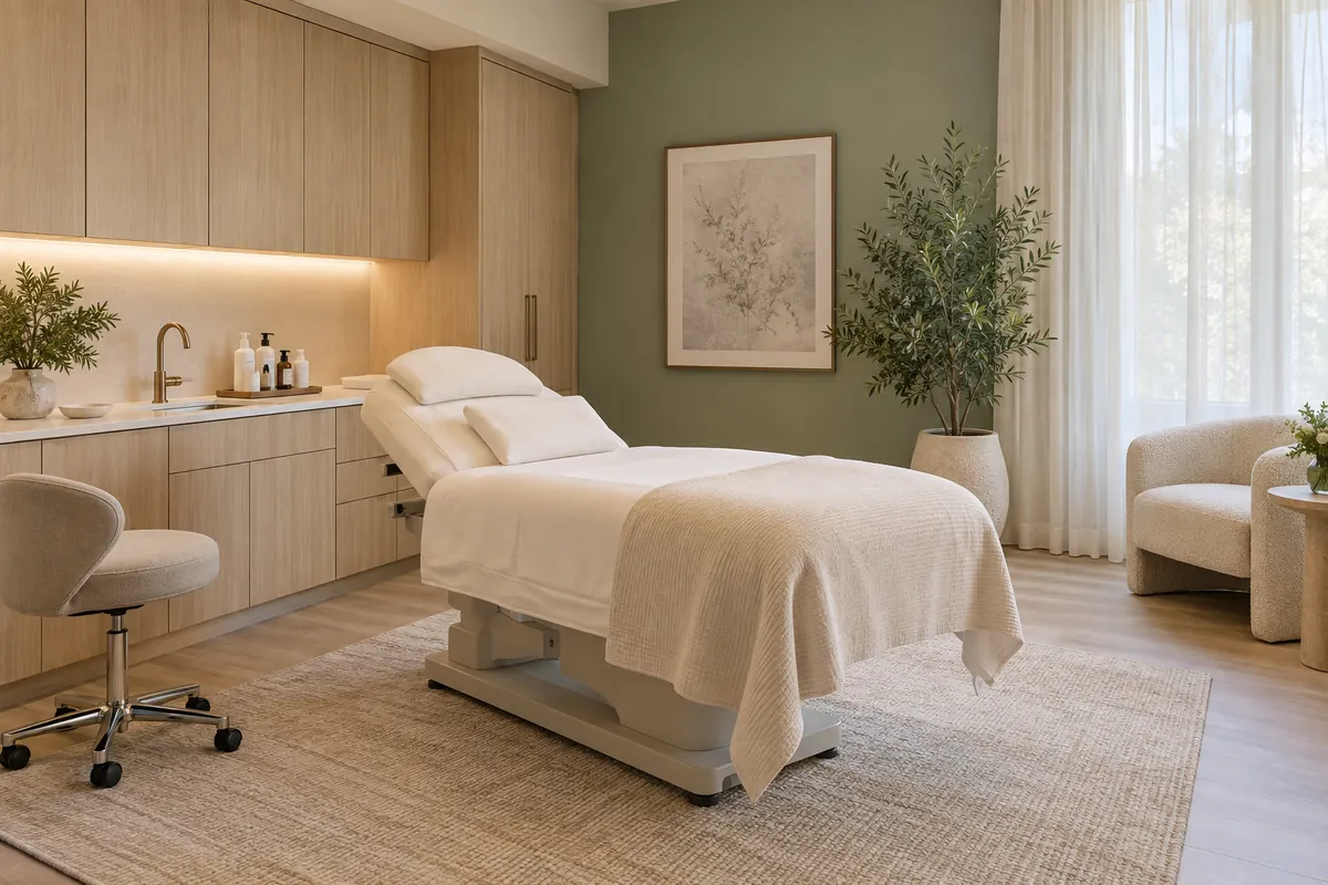 A calm treatment suite with a made-up treatment bed, light wood cabinetry and a sage accent wall
